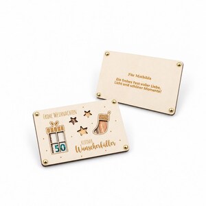 Wooden Christmas card for money: Small wish fulfiller with a personalized message on the back.