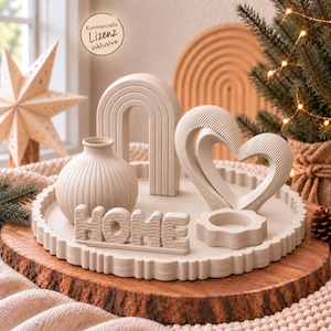 Boho Decor Set STL & 3MF | Inclusief commerciële licentie | 6-delige 3D-printset met dienblad, vaas, hart, boog, HOME en kaarsenhouder | Downloaden