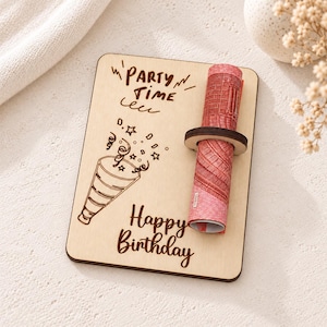 Geburtstagskarte aus Holz mit Holzring: Happy Birthday Geldgeschenk mit Torte, Party oder Ballons