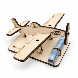 Wooden airplane money gift for pilots: plug-in kit with money holder and engraving