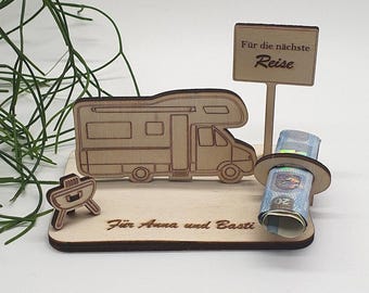 Camping-car cadeau en espèces avec panneau de ville et grill, camping, bon d'achat, camping, amateur de camping, à assembler