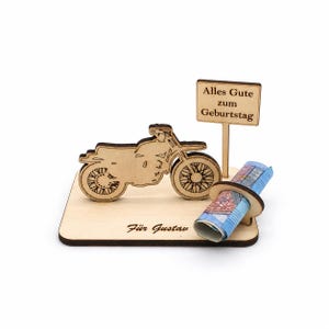 Wooden motorcycle money gift: Scrambler kit with sign and name for bikers
