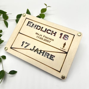 Finally 18 – Personalized wooden money gift | Engraved sign with name & date | Gift idea for an 18th birthday