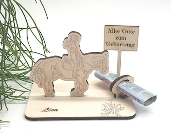 Dinheiro para presente com tema de cavalos e placa, ideal para aniversários, cavaleiros, amantes de cavalos, personalizado e para quem gosta de montar.