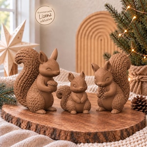 Squirrel STL 3-piece set | Includes commercial license – Knitted-look autumn decoration for 3D printing | 3MF files | Woodland animal decoration | Digital download