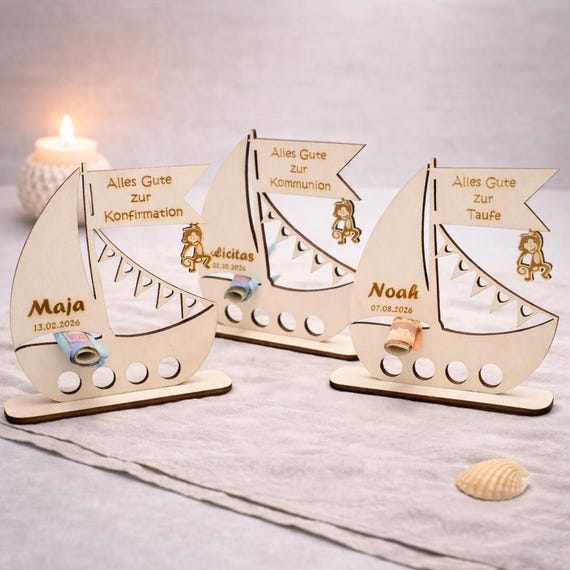 Personalisiertes Geldgeschenk Taufe Kommunion Konfirmation aus Holz – Segelboot Geldgeschenk Kind – Geschenk Taufe personalisiert