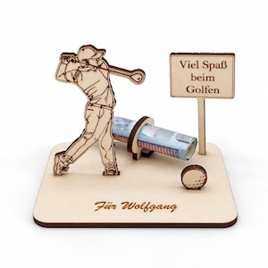Geldgeschenk Golf aus Holz für Golfer: Golfspieler-Steckbausatz mit Schild und Namen