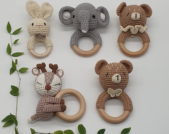 Personalisierte Kinderrasseln Bär, Hase, Elefant | Babyspielzeug aus Holz | Tiere | Babyrasseln | Geschenk zur Geburt | Rassel