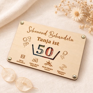 Wooden money gift for a milestone birthday: "Handle with care" card with number and name