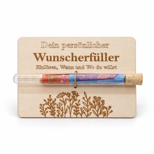 Wish fulfiller card with wooden test tube: Money gift with flower engraving for any occasion