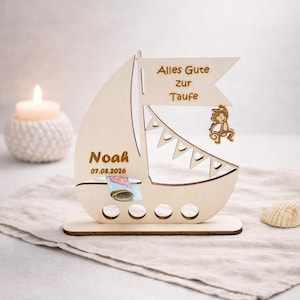 personalisiertes Geldgeschenk Taufe Segelboot aus Holz mit Name