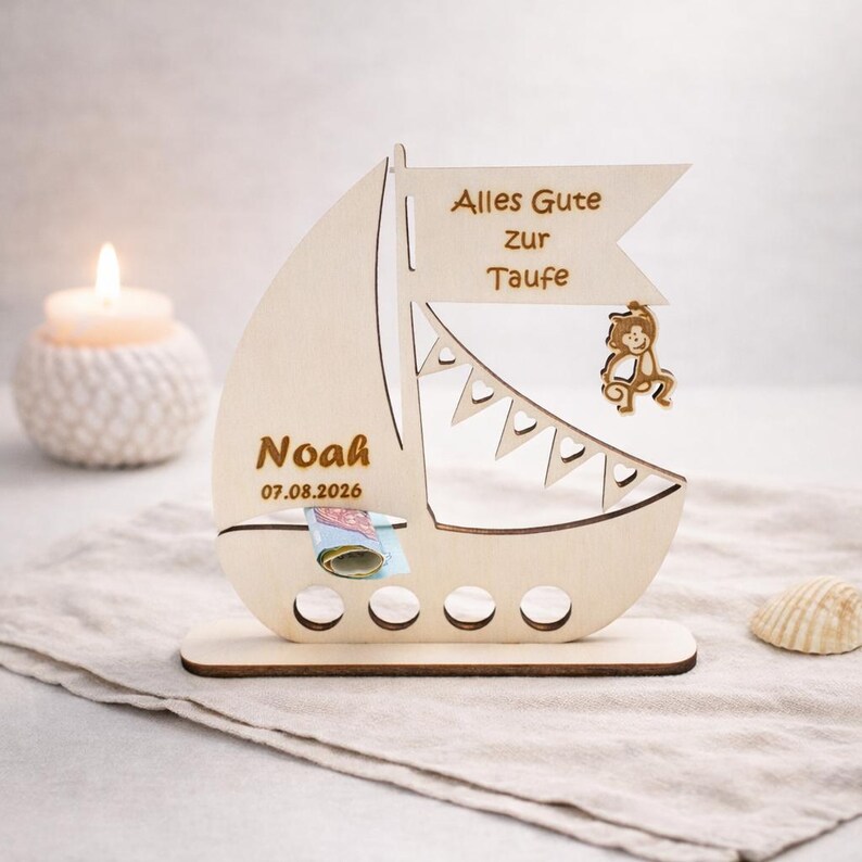 personalisiertes Geldgeschenk Taufe Segelboot aus Holz mit Name