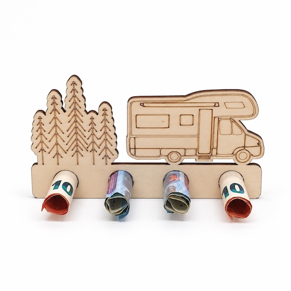 Geldgeschenk Wohnmobil aus Holz: Scheinehalter mit Wald für 4 Geldscheine, Geschenk für Camper