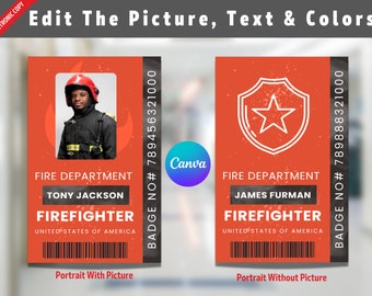 Personalized Firefighter Fire Department ID Badge, ID Card, Pretend Play, Role Play, Halloween Costume, Customize & Printable Canva Template