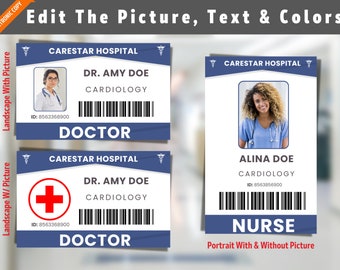 Doctor Nurse ID Badge, Editable Hospital Staff ID, Pretend Play, Medical Party, Halloween Costume, Nurse ID, Customizable & Printable| V 1
