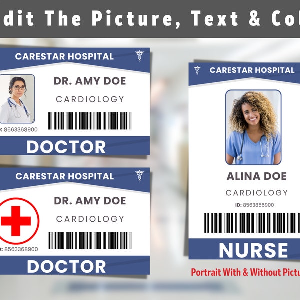 Doctor Nurse ID Badge, Editable Hospital Staff ID, Pretend Play, Medical Party, Halloween Costume, Nurse ID, Customizable & Printable| V 1