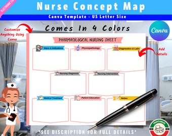 Nurse Report Sheet Concept Map Template | Nurse Practitioner Gifts | Registered Nurse Notes- PDF & Canva Template - Customizable - 4 Colors