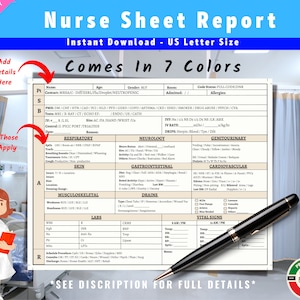 Nurse Report Sheet Printable | ICU, Labor, Delivery Nurse Report Sheet | Telemetry Report | Pharmacology - Instant Download - 7 Colors - PDF