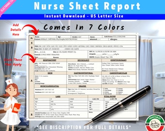 Nurse Report Sheet Printable | ICU, Labor, Delivery Nurse Report Sheet | Telemetry Report | Pharmacology - Instant Download - 7 Colors - PDF