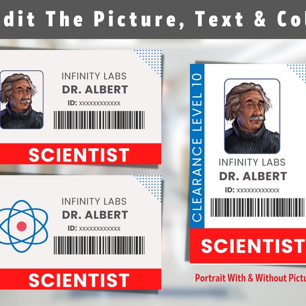 Personalised Scientist ID Badge, Pretend Play Editable Science Party ID, Birthday Party, Halloween Costume, Lab ID,  Customize & Print