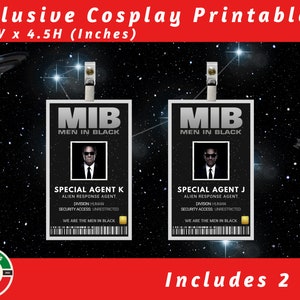 Crachás de identificação imprimíveis para homens de preto | Crachá de identificação de agente MIB | Festas de escritório | Cartão de identificação de ternos de homens de preto | Brincadeira de faz de conta | Cosplay | Brincadeira de fantasia