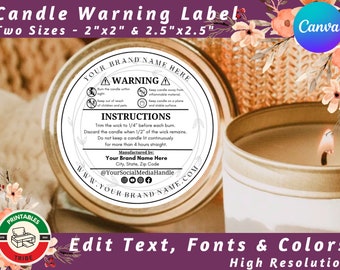 Custom Candle Label Template | Personalized Round Candle Label | Customizable Wax Melt Warning Label | Modern Candle Labels- Canva Template