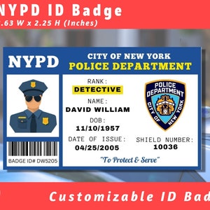 Insigne d'identification de la police | Carte d'identité NYPD | Premier intervenant | Fête d'anniversaire de Policia | Carte de portefeuille de police | Faire semblant de jouer | Accessoire de film - Canva modifiable