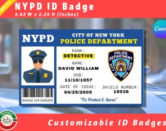 Police ID Badge | NYPD ID Card |First Responder| Policía Birthday Party | Police Wallet Card | Pretend Play | Movie Prop - Editable Canva