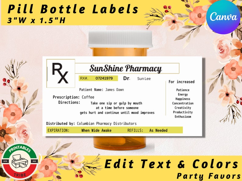 PRINTABLE RX Pill Bottle Labels 3in X 1.5in Prescription Label Pharmacy