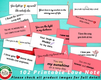 Romantic Love Notes Printable Mini Cards for Husband and Boyfriend, Anniversary, Couples Gift, Lunchbox Mini Notes - 102 Love Notes - PDF