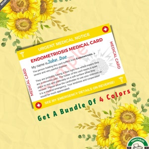 Plantilla de tarjeta de identificación de alerta médica para concientización sobre la endometriosis - Discapacidad invisible - Tarjeta de emergencia endo - Imprimible - 4 Colors Inc.