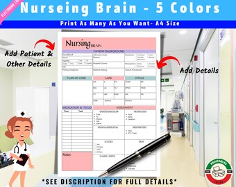 Printable Nurse Brain Sheet Handoff | Med Surg, Telemetry, ICU Nurse Brain Template | Patient Records | Hospital Records - PDF - 5 Colors