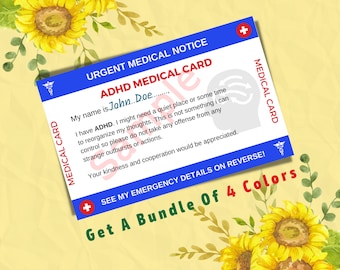 ADHD Medical Alert Card Template – Emergency ID, 4 Colors (PDF)