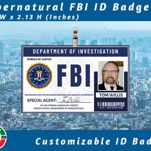 May include: A rectangular FBI identification badge measuring 3.38 inches wide by 2.13 inches high. The badge features the text Department of Investigation, Bureau of Justice, and FBI. It includes a photograph of Tom Willis and a barcode.
