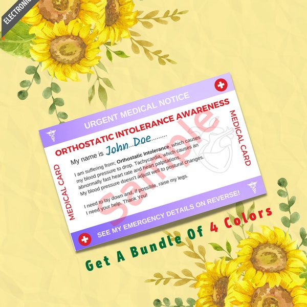 Orthostatic Intolerance Awareness Medical Alert ID Card Template - Invisible Disability - BP - Printable - 4 Colors Inc. (Front & Back)