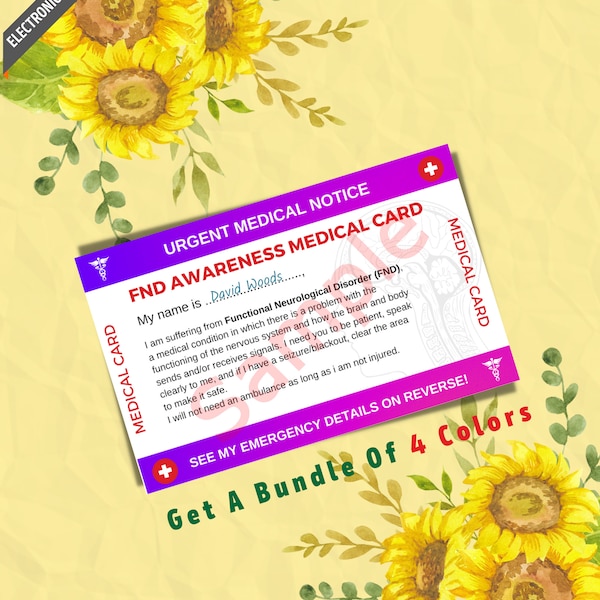 FND Awareness Emergency Medical ID Card template - Disability Alert Card - Functional neurologic disorder - Printable - 4 Colors Inc