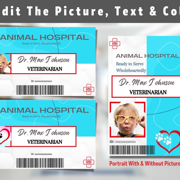Veterinarian ID Badge | Animal Hospital Name Tag | Halloween Costume | Pretend Play Vet Clinic | Doctor ID Badge - Customizable - Canva