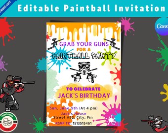 Paintball Birthday Party Invitation Template | Editable Canva (Digital Download)