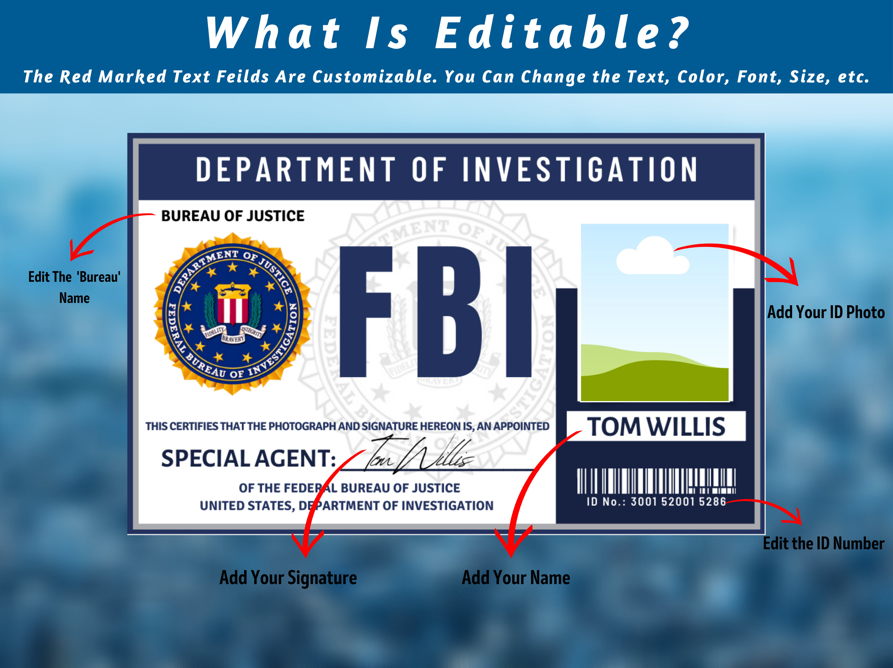 Customizable FBI Agent Id Badge Template Supernatural FBI ID Badge