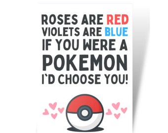Pokemon, Valentine's Day Card, Roses are red, funny, Pikachu, Valentine's, for him, for her