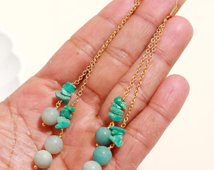 Featured listing image: PoshPendant Handmade Amazonite Dangle Earrings – Brass Boho Gemstone Jewelry