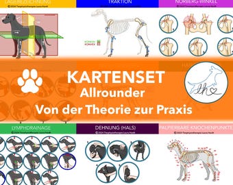 May include: A set of illustrated cards for canine physical therapy. The cards feature a dog with anatomical markings and text in German. The cards are titled "Kartensatz Allrounder Von der Theorie zur Praxis" and are divided into sections: Lagebezeichnung, Traktion, Norberg-Winkel, Lymphdrainage, Dehnung (Hals), and Palpierbare Knochenpunkte.