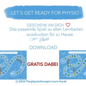 May include: A blue and white game board with the text "Let's Get Ready for Physio" and "Start" and "Ziel" printed on it. The game board is surrounded by a blue background with illustrations of animals. The text "Gratis Dabei" is printed in red below the game board.