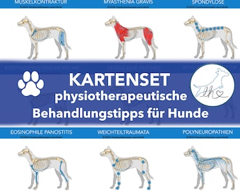 May include: A set of illustrated cards for canine physiotherapy, featuring a dog with different conditions, including muscle contracture, myasthenia gravis, spondylosis, biceps tendonitis, Legg-Calve-Perthes, eosinophilic panostitis, soft tissue trauma, and polyneuropathies. The cards are titled "Kartensets Physiotherapeutische Behandlungstipps für Hunde" (Card Sets Physiotherapeutic Treatment Tips for Dogs).