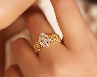 Dainty 14K Gold Diamond Ring, Minimalist Promise Ring, Thin Gold Band, Stackable Ring, Engagement Ring for Her