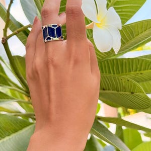 May include: A silver ring with a geometric design featuring a deep blue enamel inlay. The ring is shown on a hand, with a white flower and green leaves in the background. The ring's design is a series of connected shapes.