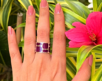 Vintage Block Enamel Ring 925 Silver, Colorful Statement Band Ring, Nature Inspired Handmade Ring, Unique Gift for Her