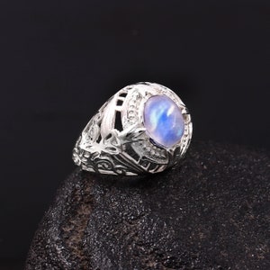 Rainbow Moonstone Ring: Oval Sterling Silver Boho Jewelry