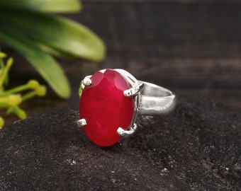 Lab Grown Ruby Ring 925 Sterling Silver, Red Gemstone Solitaire Ring, July Birthstone Ring, Handmade Dainty Ring, Engagement Gift for Her