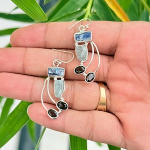 Multi-Stone Sterling Silver Drop Earrings: Aquamarine, Amethyst & Smoky Quartz